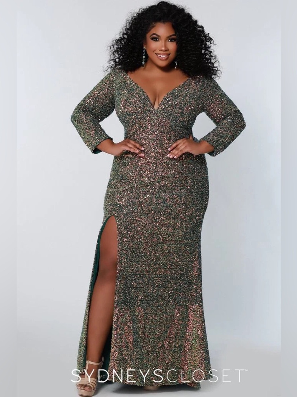 Sydney's Closet Sparkling Copper Sequin Plunge Gown with Shimmer